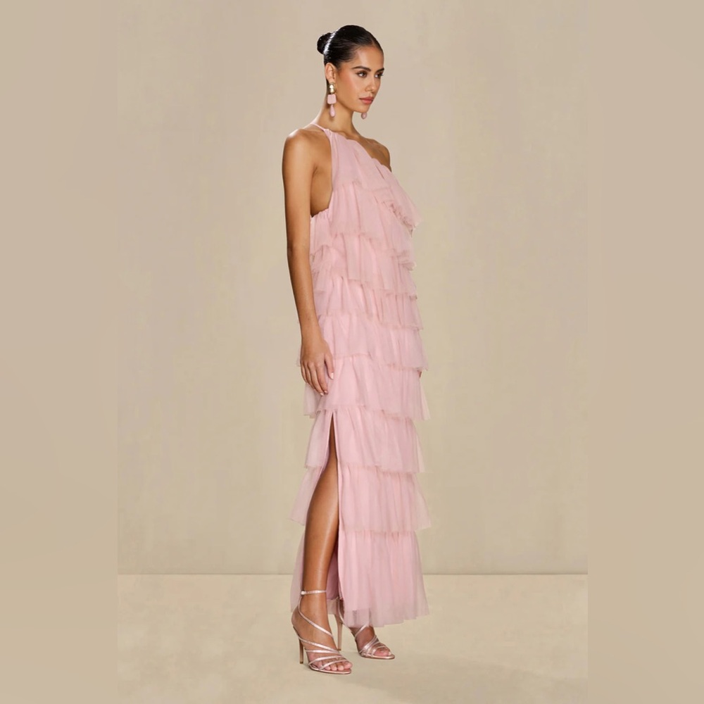 One-Shoulder Pink Tiered Ruffle Dress